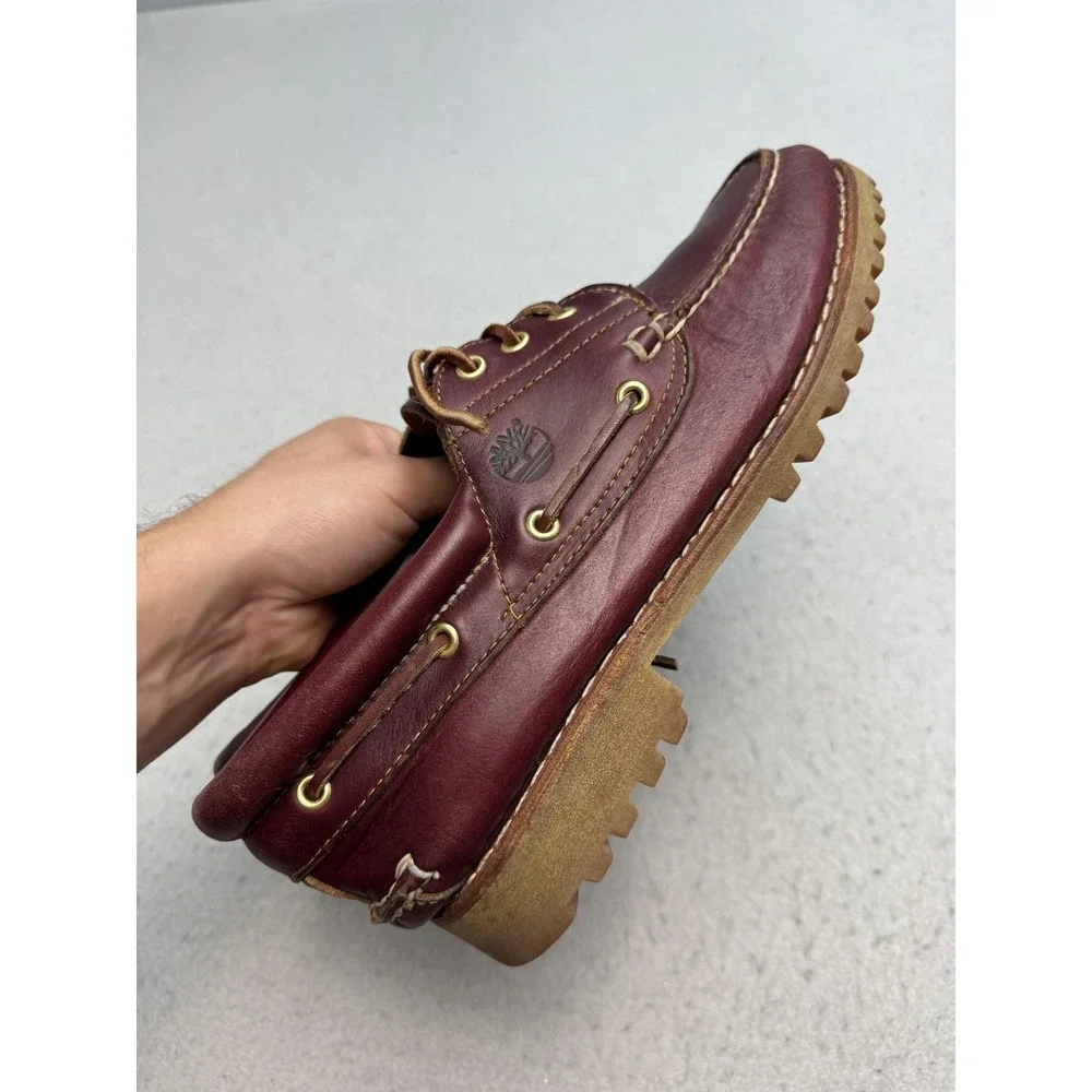 Timberland 3 Eye Burgundy Shoes Mens 11.5 Leather Lug Sole Boat Loafers 50009